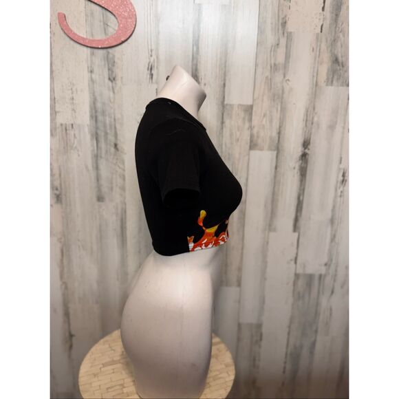 Butterfly Flame Graphic Crop Top Black Stretch Tee Size XS - Picture 6 of 8